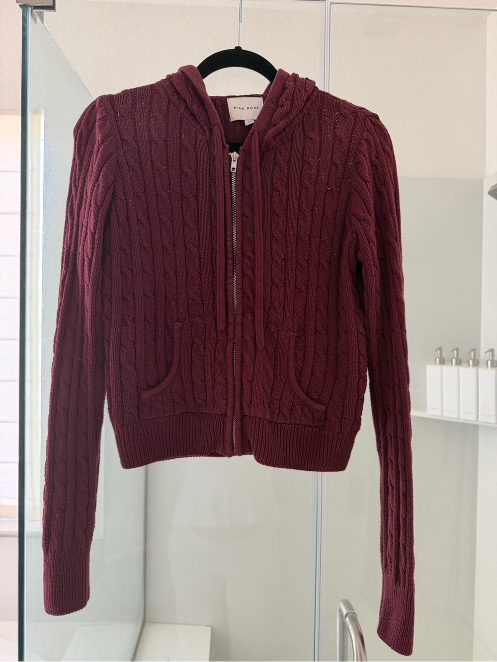 Pink Rose Women's Cable Knit Zip Hoodie - Wine